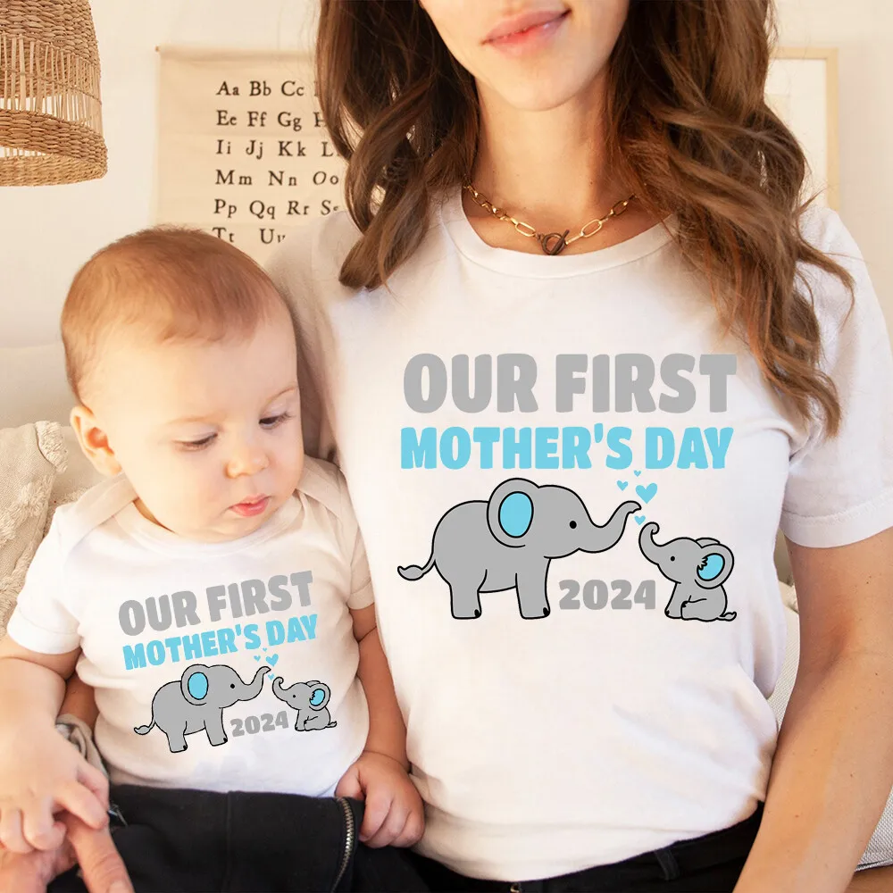 Pattern Print Family Set Our First Mother's Day Family Matching Outfit Short Sleeve Crew Neck Outfits Mothers Day Best Gift