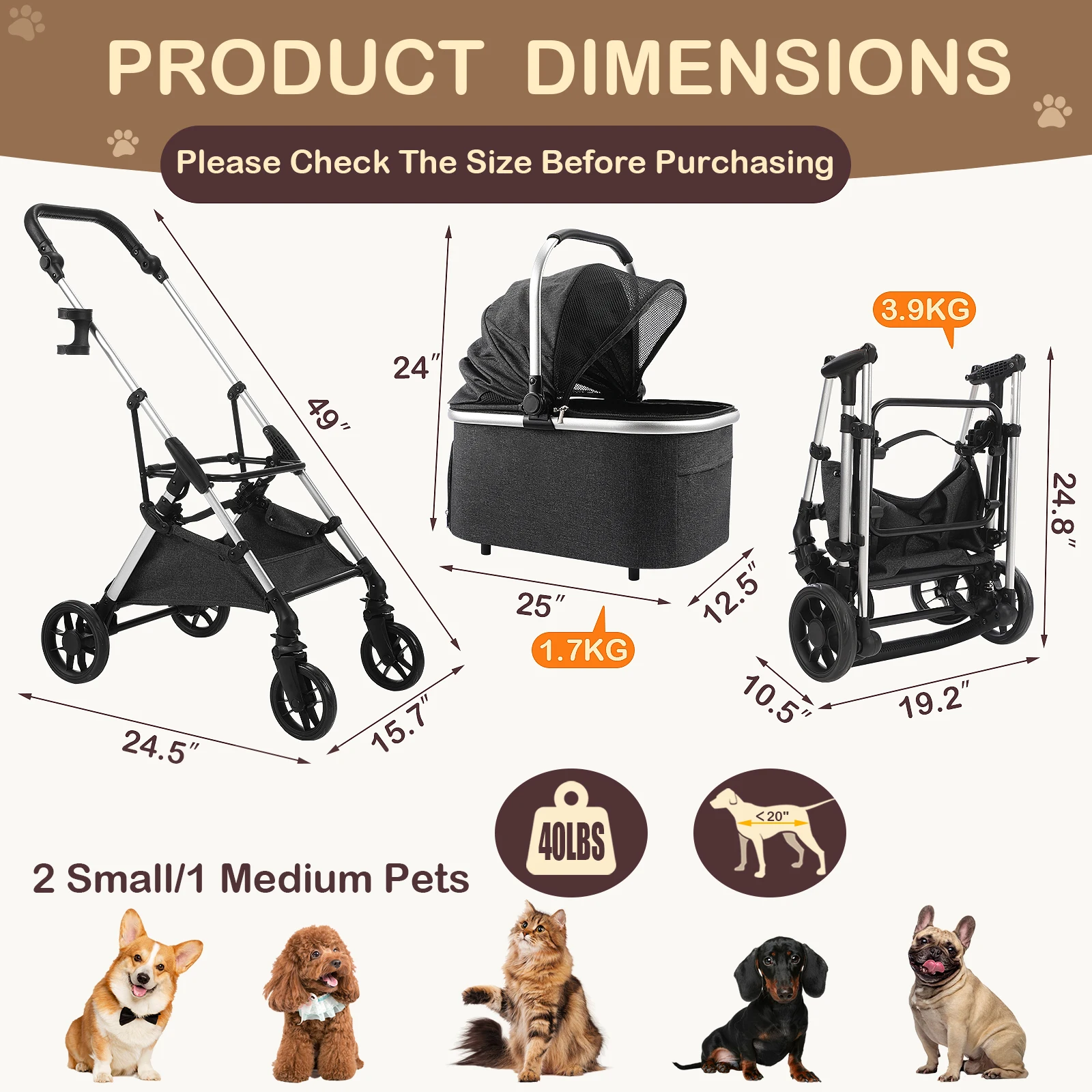 Pet Stroller with 4 Wheels Foldable Pet Travel Carrier for Small/Medium Dogs Cats up to 50lbs Detachble Portable Pet Storage Bag