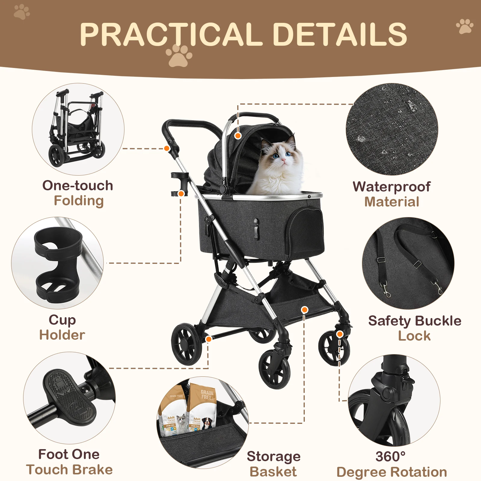 Pet Stroller with 4 Wheels Foldable Pet Travel Carrier for Small/Medium Dogs Cats up to 50lbs Detachble Portable Pet Storage Bag