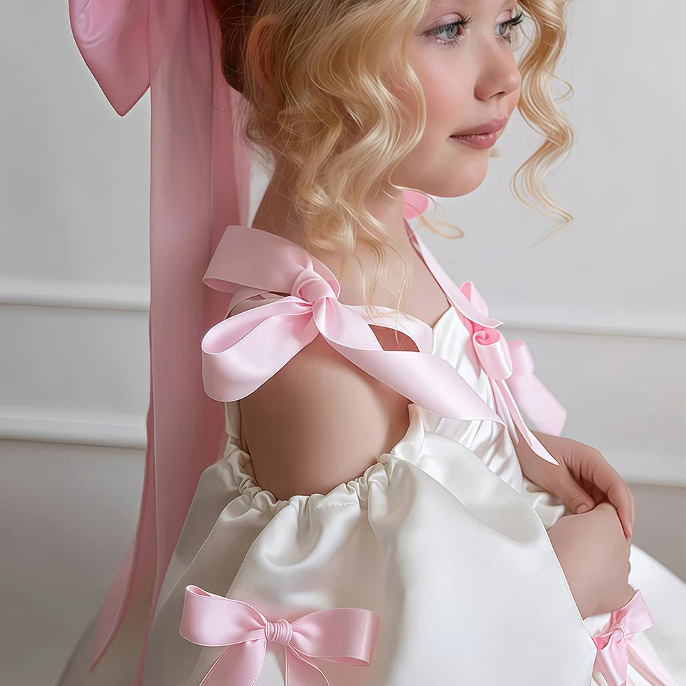 Princess Dress With Bow For Party Night Weddings Dresses Puff Sleeve Design Children Clothes Concert Performance Costume