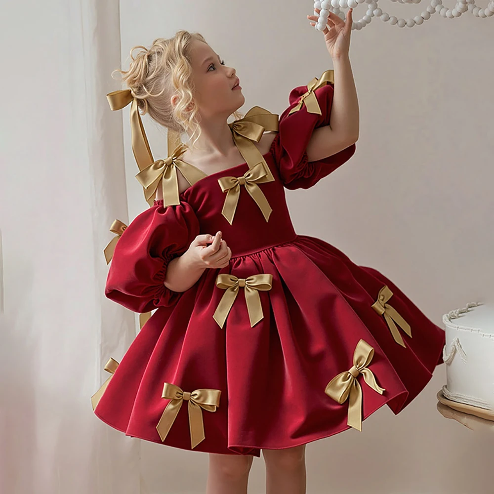 Princess Dress With Bow For Party Night Weddings Dresses Puff Sleeve Design Children Clothes Concert Performance Costume