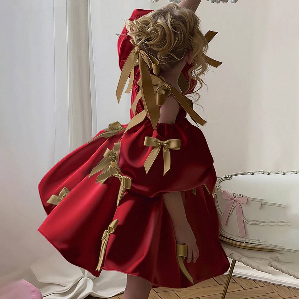 Princess Dress With Bow For Party Night Weddings Dresses Puff Sleeve Design Children Clothes Concert Performance Costume