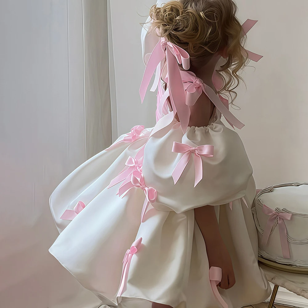 Princess Dress With Bow For Party Night Weddings Dresses Puff Sleeve Design Children Clothes Concert Performance Costume