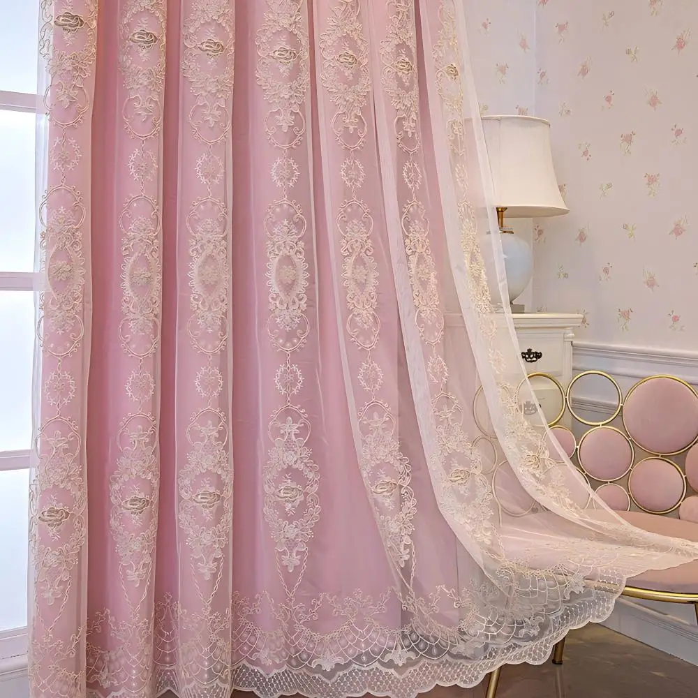 Princess Style Pink 2-in-1 Curtains, Full Blackout Liner + Gold Rose Embroidered Sheer, Ready-Made Drape for Bedroom Living Room