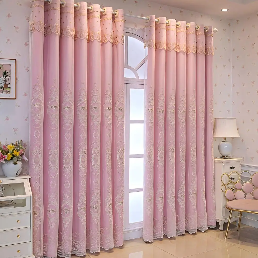 Princess Style Pink 2-in-1 Curtains, Full Blackout Liner + Gold Rose Embroidered Sheer, Ready-Made Drape for Bedroom Living Room