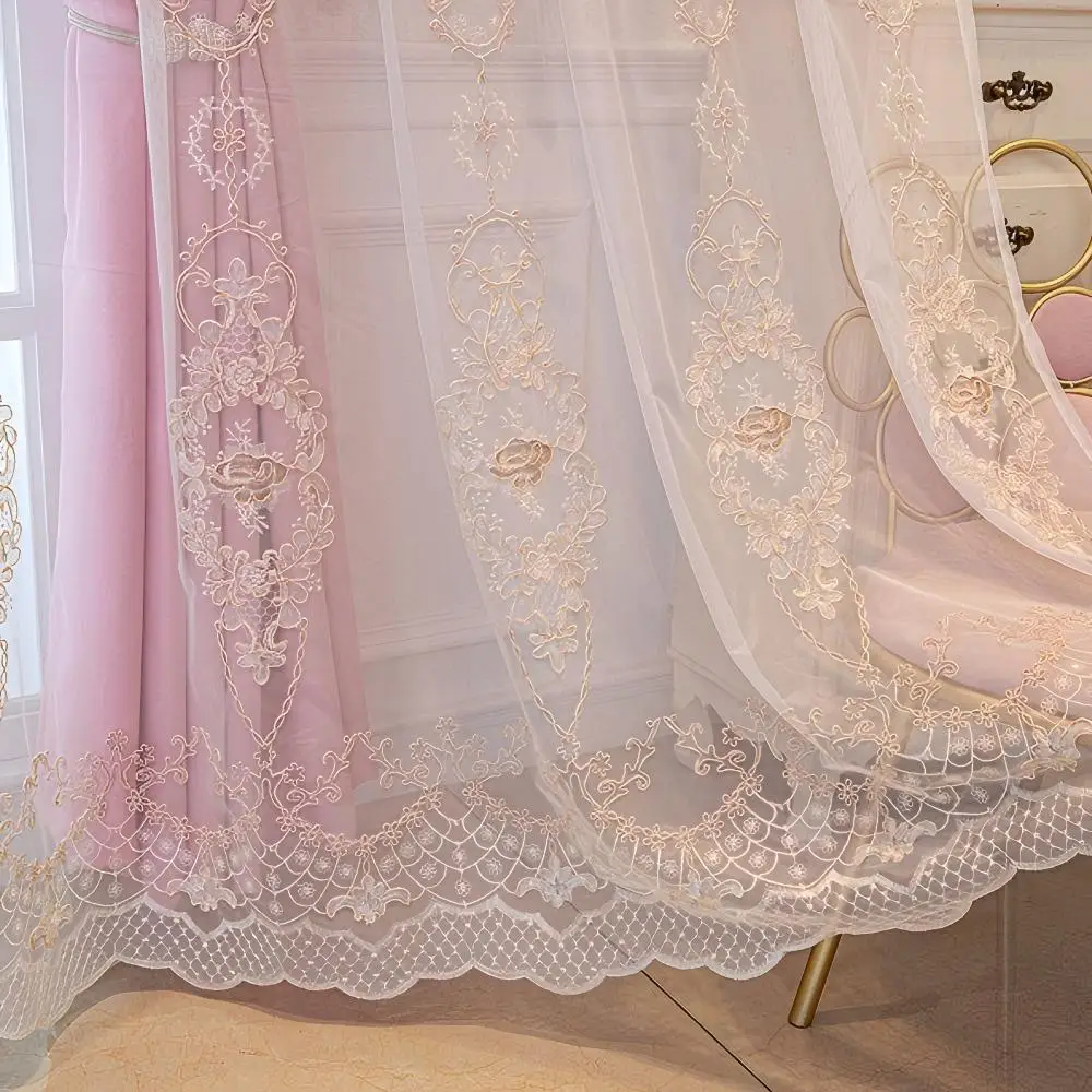 Princess Style Pink 2-in-1 Curtains, Full Blackout Liner + Gold Rose Embroidered Sheer, Ready-Made Drape for Bedroom Living Room