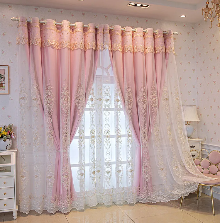 Princess Style Pink 2-in-1 Curtains, Full Blackout Liner + Gold Rose Embroidered Sheer, Ready-Made Drape for Bedroom Living Room
