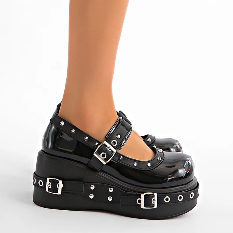 Punk Platform Mary Jane Shoe for Women Black Patent Leather Wedge Heel Loafers Woman Thick Sole Rivet Buckle Gothic Lolita Shoes
