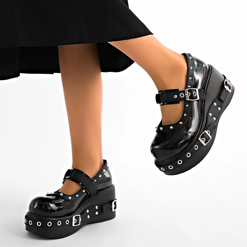 Punk Platform Mary Jane Shoe for Women Black Patent Leather Wedge Heel Loafers Woman Thick Sole Rivet Buckle Gothic Lolita Shoes