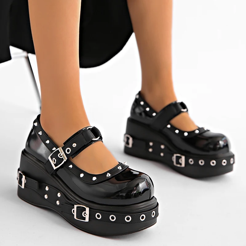 Punk Platform Mary Jane Shoe for Women Black Patent Leather Wedge Heel Loafers Woman Thick Sole Rivet Buckle Gothic Lolita Shoes