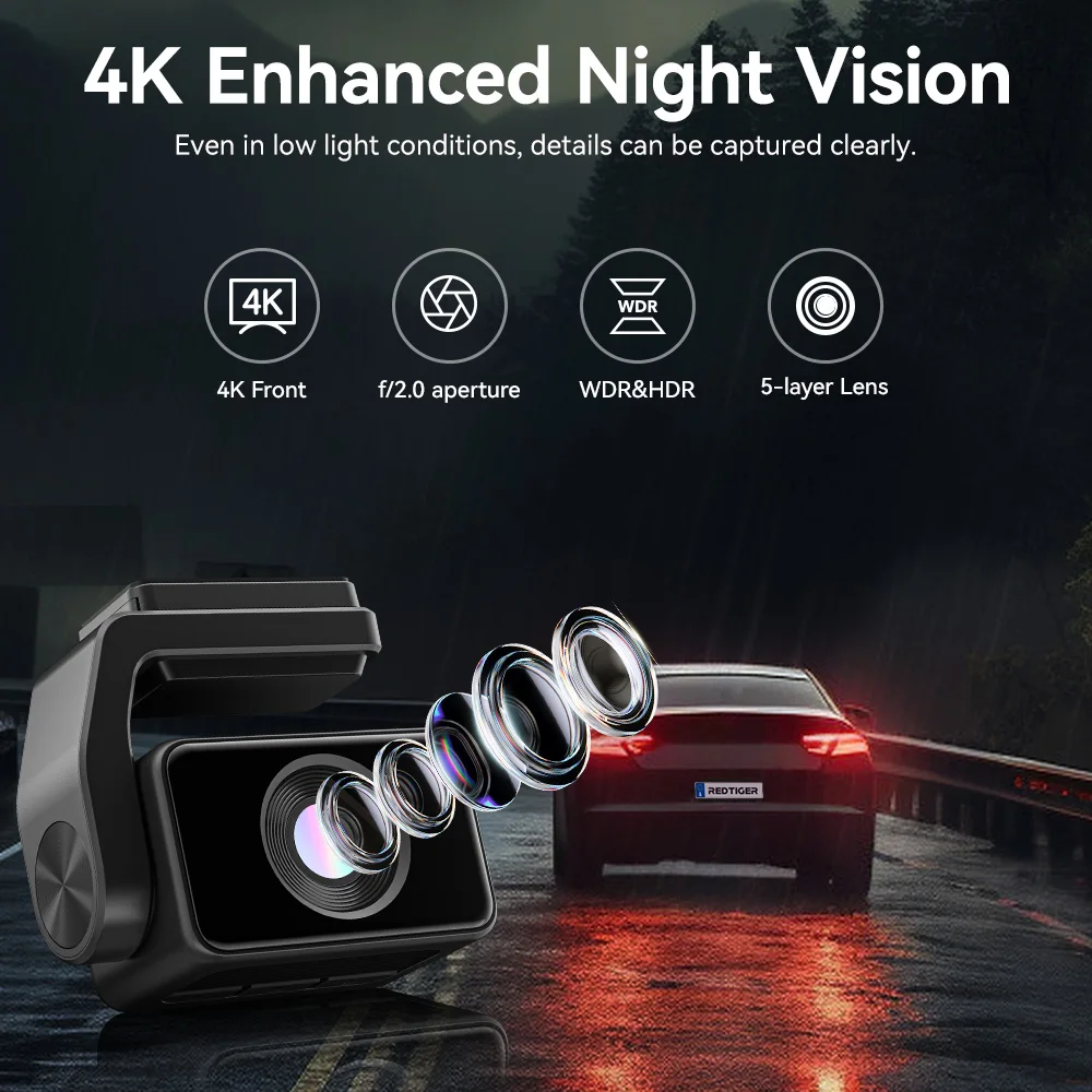 REDTIGER A4 4k Dash Cam Front and Rear Drive Recorder GPS& 5G WiFi Touch Screen Night Vision 24H Parking Mode Voice Control