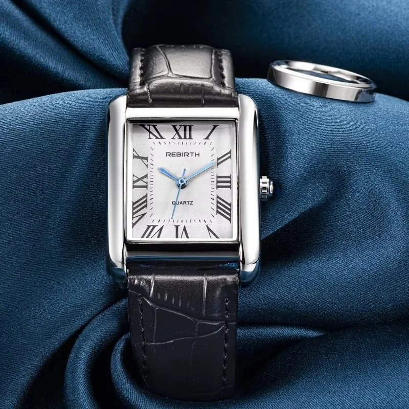 Rebirth 002 Roman Scale Black Elegant Mini Light Women's Leisure Watch Top Brand Quartz Movement Leather Strap Fashion