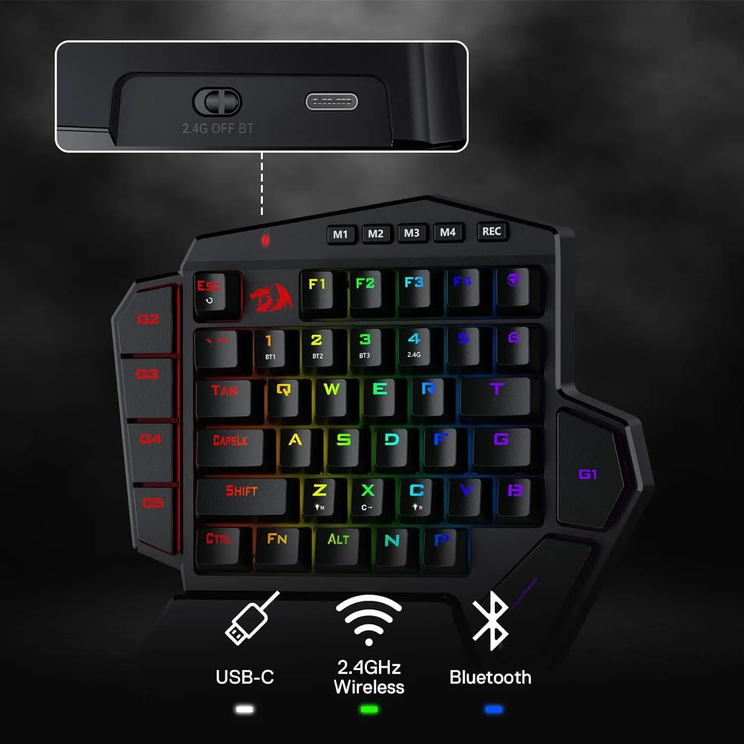 Redragon K585 PRO Wireless One-Handed Mechanical Keyboard 42 Keys 3-Mode RGB 7 Onboard Macro Keys Detachable Wrist Support