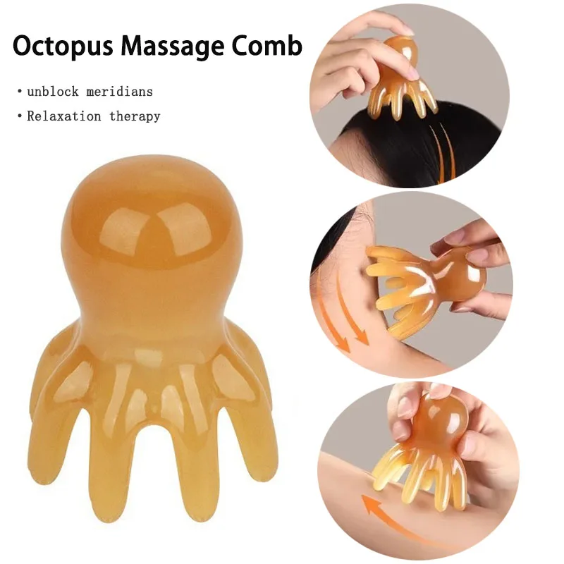 Resin Octopus Massage Comb Head Meridian Scraping Scalp Massage Brush Acupuncture SPA Gua Sha Fatigue Relief Relax Massage Comb