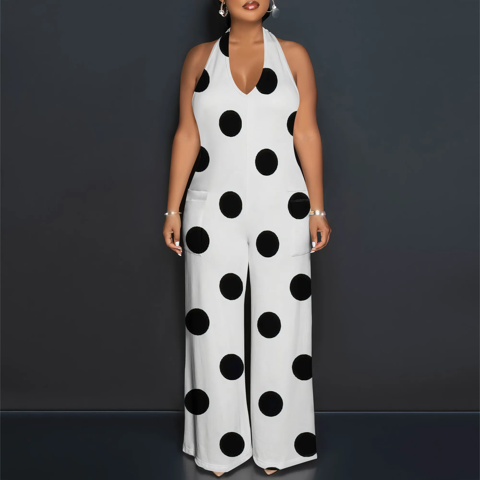 Retro Polka Dot Halter Jumpsuit - Wide Leg Palazzo Romper Vintage Style