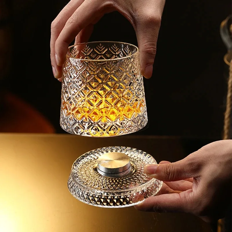 Rotating Whisky Glasses with Glass Base 360 Rotate Degrees Crystal Rum Glass for Cocktail Party Drinking