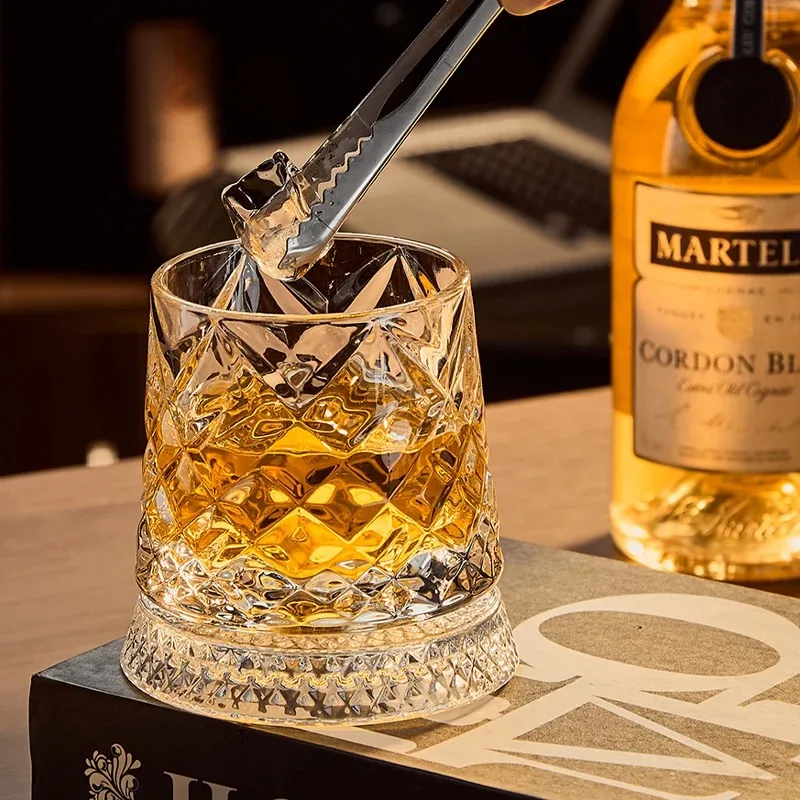 Rotating Whisky Glasses with Glass Base 360 Rotate Degrees Crystal Rum Glass for Cocktail Party Drinking