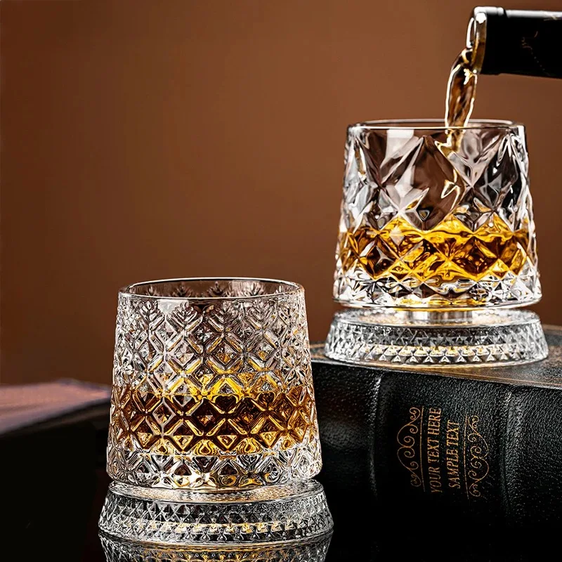 Rotating Whisky Glasses with Glass Base 360 Rotate Degrees Crystal Rum Glass for Cocktail Party Drinking