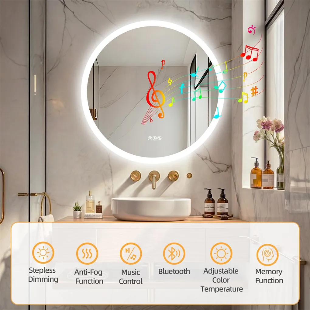 Round Bathroom Mirror 800x800mm with Bluetooth Wall Illuminated LED Vanity Mirror, Anti-Fog, Three Color Light, Memory Function