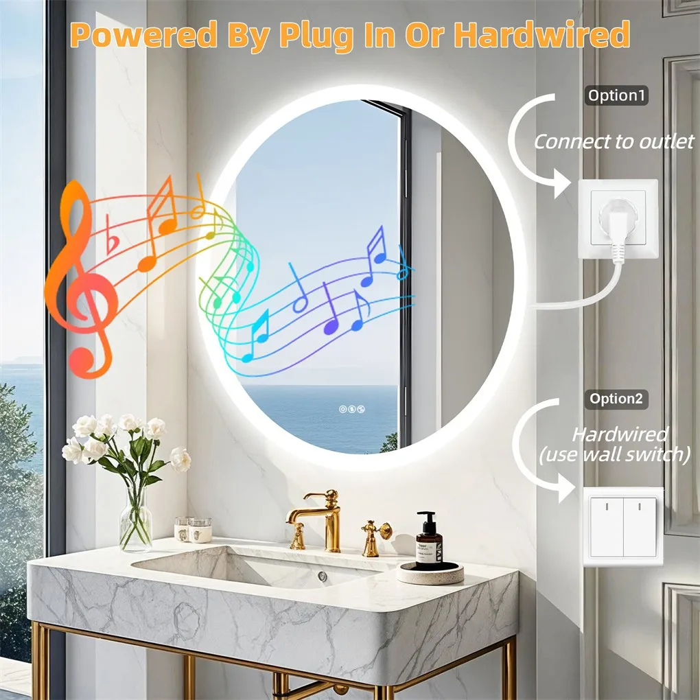 Round Bathroom Mirror 800x800mm with Bluetooth Wall Illuminated LED Vanity Mirror, Anti-Fog, Three Color Light, Memory Function