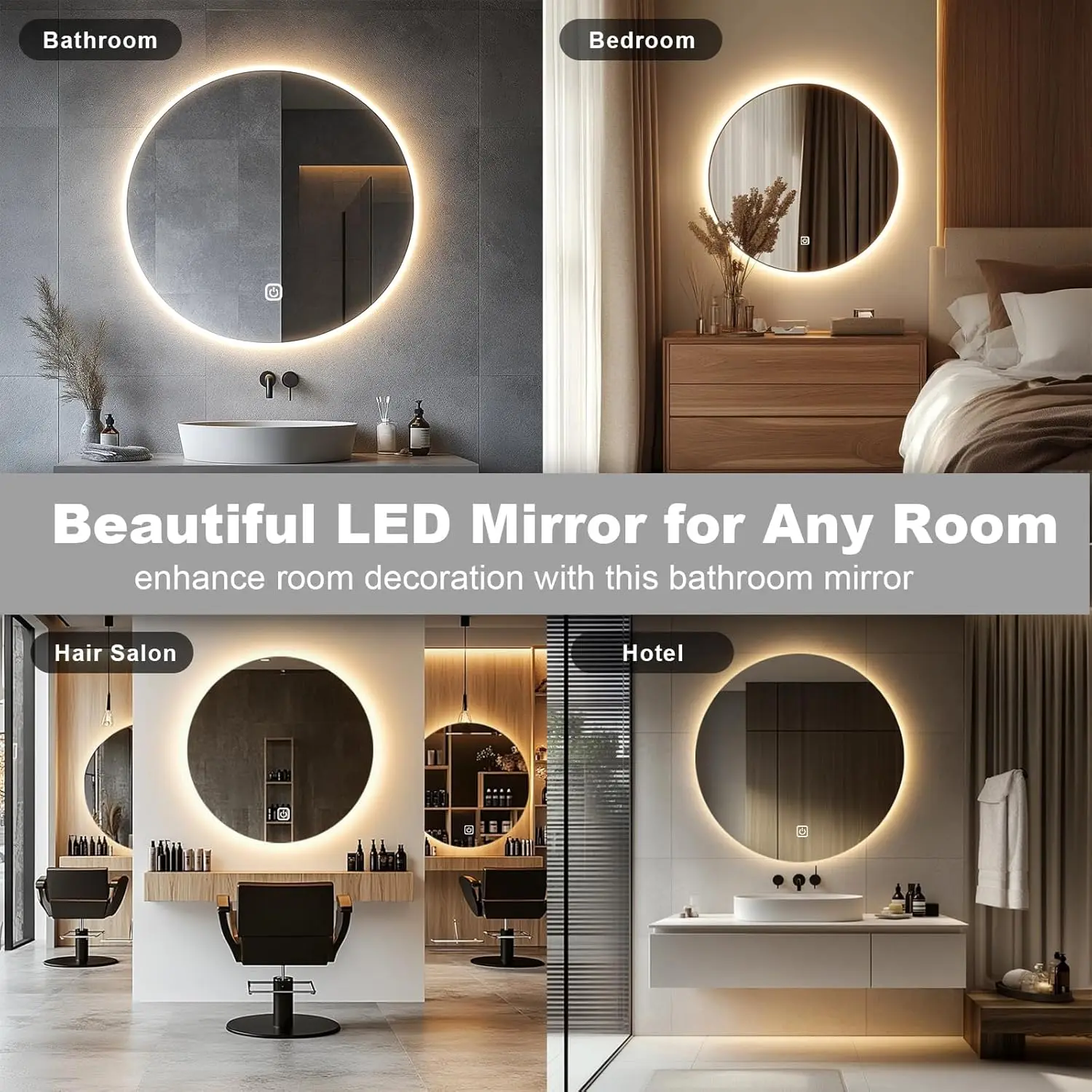 Round LED Bathroom Mirror For Over Sink 50CM Electric Vanity Mirror With Backlit Lights For Shower Shaving Wall Mounted IP54