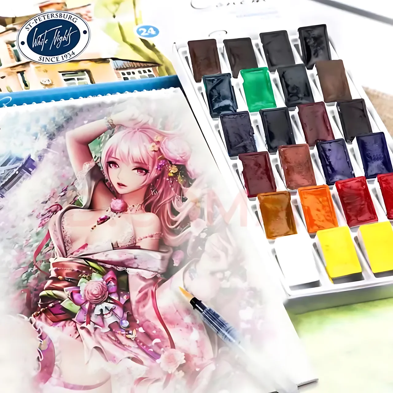 Russian White Nights 16/24 Color Solid Watercolour Paint Set Watercolor Brush for Beginners Student Drawing Art Supplies
