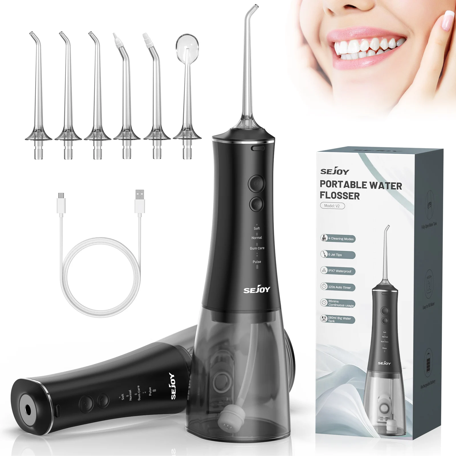 SEJOY Water Flosser Irrigator Dental Teeth Whitening strips Portable 230ML Tank 5 Modes 8 Jet Tips Washing Machine for Home