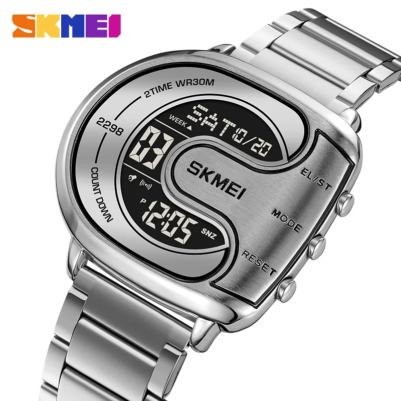 SKMEI Novel Stainless Steel Back Light Display Stopwatch Digital Sport Watches Men Waterproof Date Alarm Wristwatch reloj hombre