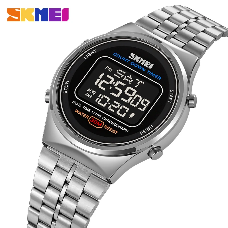SKMEI Stainless Steel Watch for Man Original Digital Wristwatch Countdown Chrono Sport Mens Watches Luminous Alarm Clock 2023