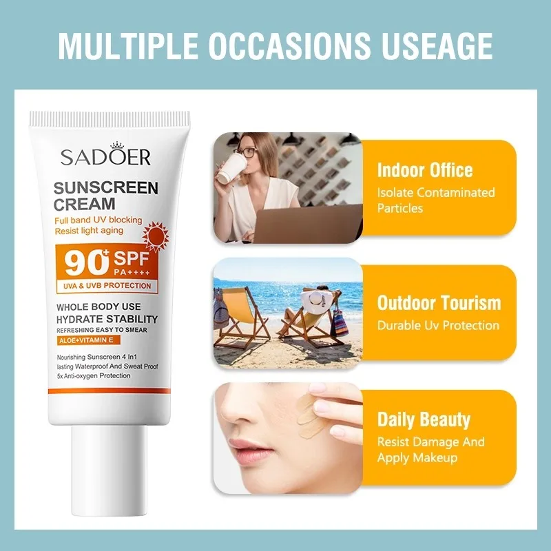 Sadoer Sunscreen Cream With High Protection SPF 90+ PA+++ Whitening Waterproof Sweatproof Lasting Moisturizing 50g