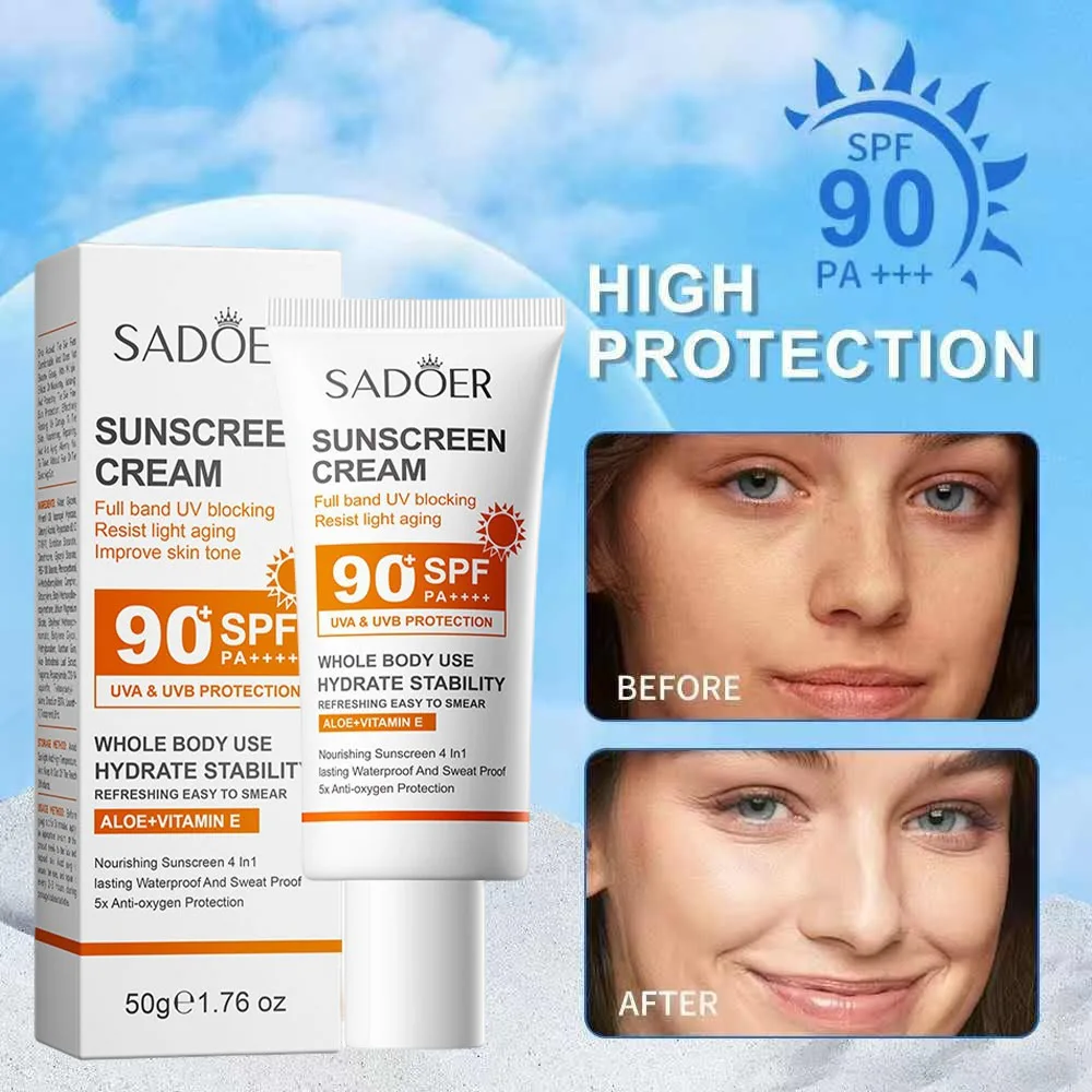 Sadoer Sunscreen Cream With High Protection SPF 90+ PA+++ Whitening Waterproof Sweatproof Lasting Moisturizing 50g
