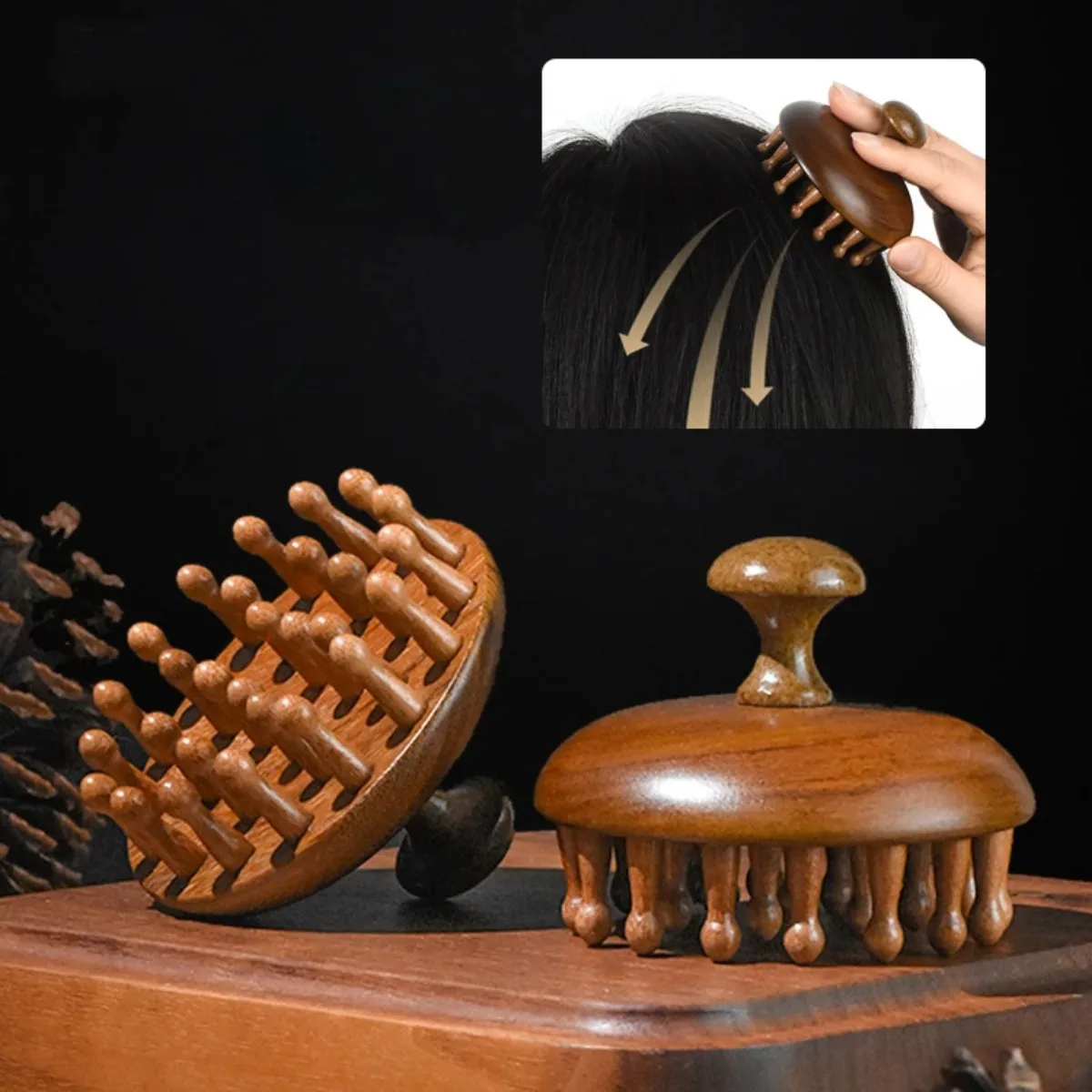 Sandalwood Massage Comb Finger Ring Comb Head Meridian Comb Scalp Massager Anti-Static Wooden Brush Guasha Tool for Full Body