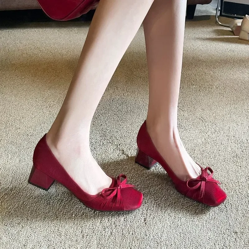 Satin Bow Chinese Wedding Shoes Women Pointed Toe High Heels Single Shoes Versatile