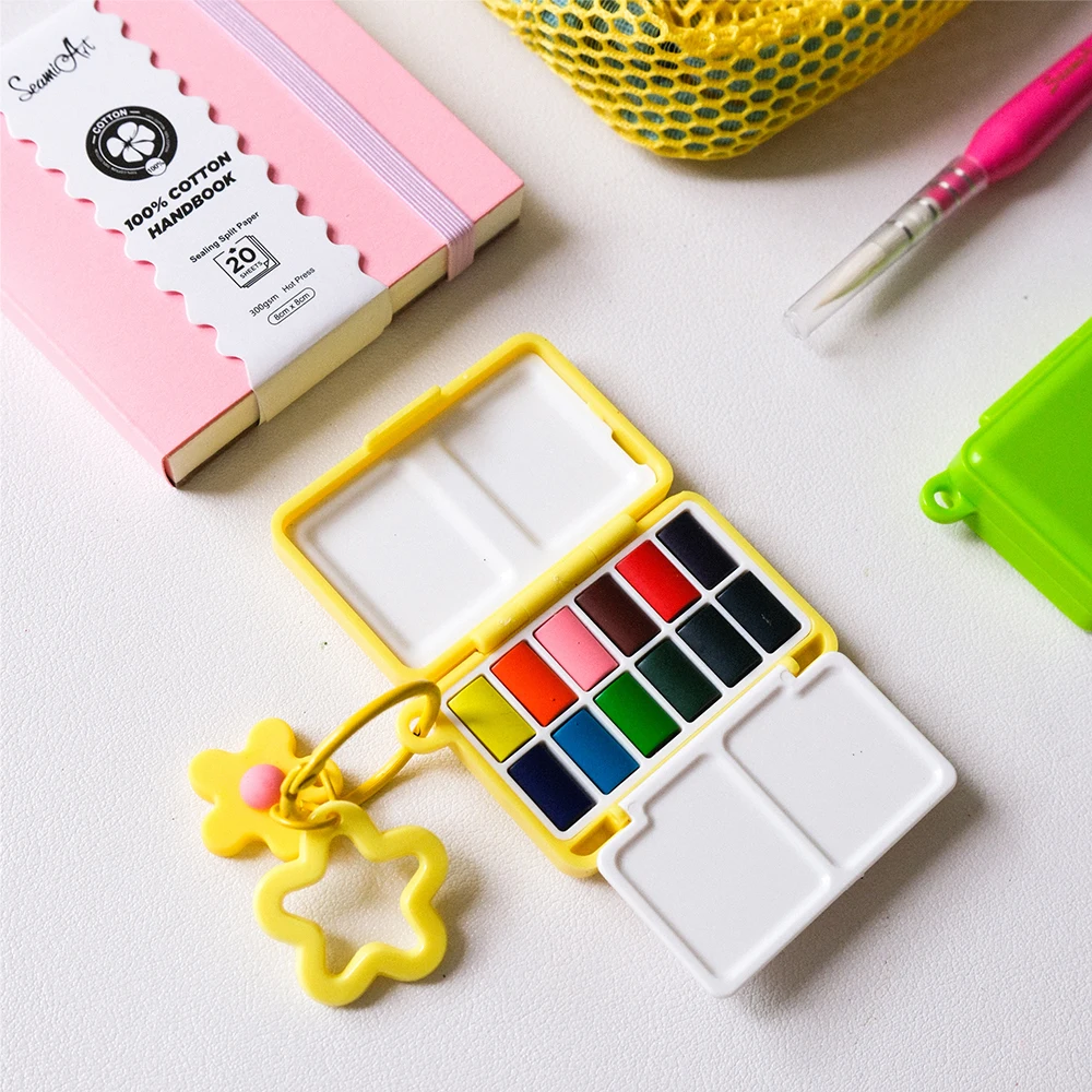 SeamiArt 12color Portable Travel Solid Watercolor SS25 Drawing Gift set with Storage Bag Painting Brush Palette Box Art Suppies