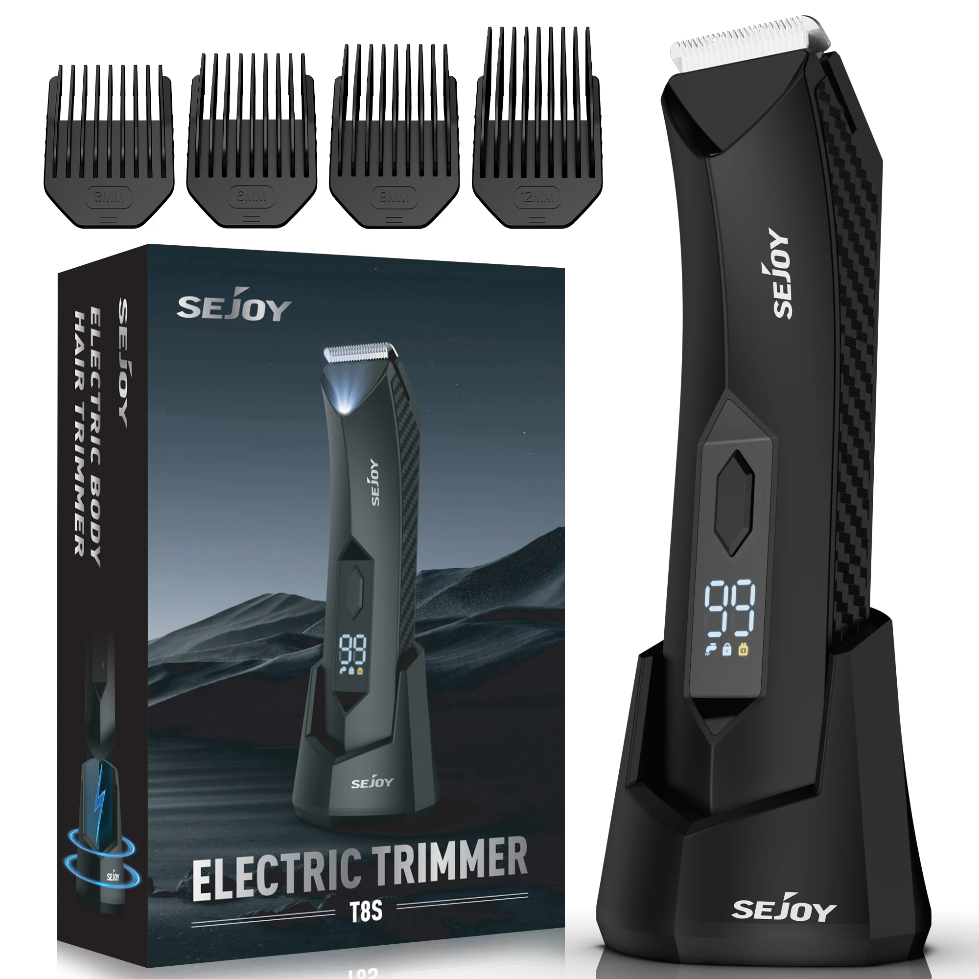 Sejoy T8S Body Hair Trimmer for Men Ball Trimmer for Groin Pubic Replaceable Ceramic Blade Electric Shaver IPX7 Waterproof