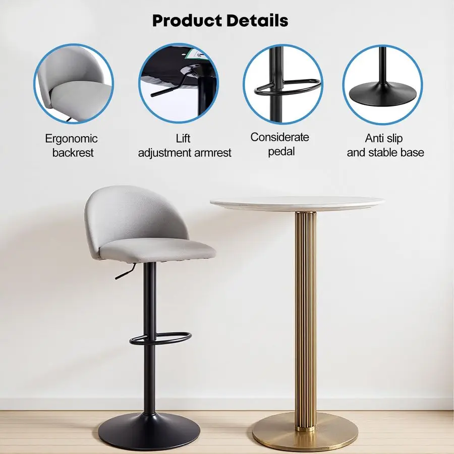 Set of 2 Counter Height Bar Stool for Dining Kitchen Island Chair with Footrest Grey