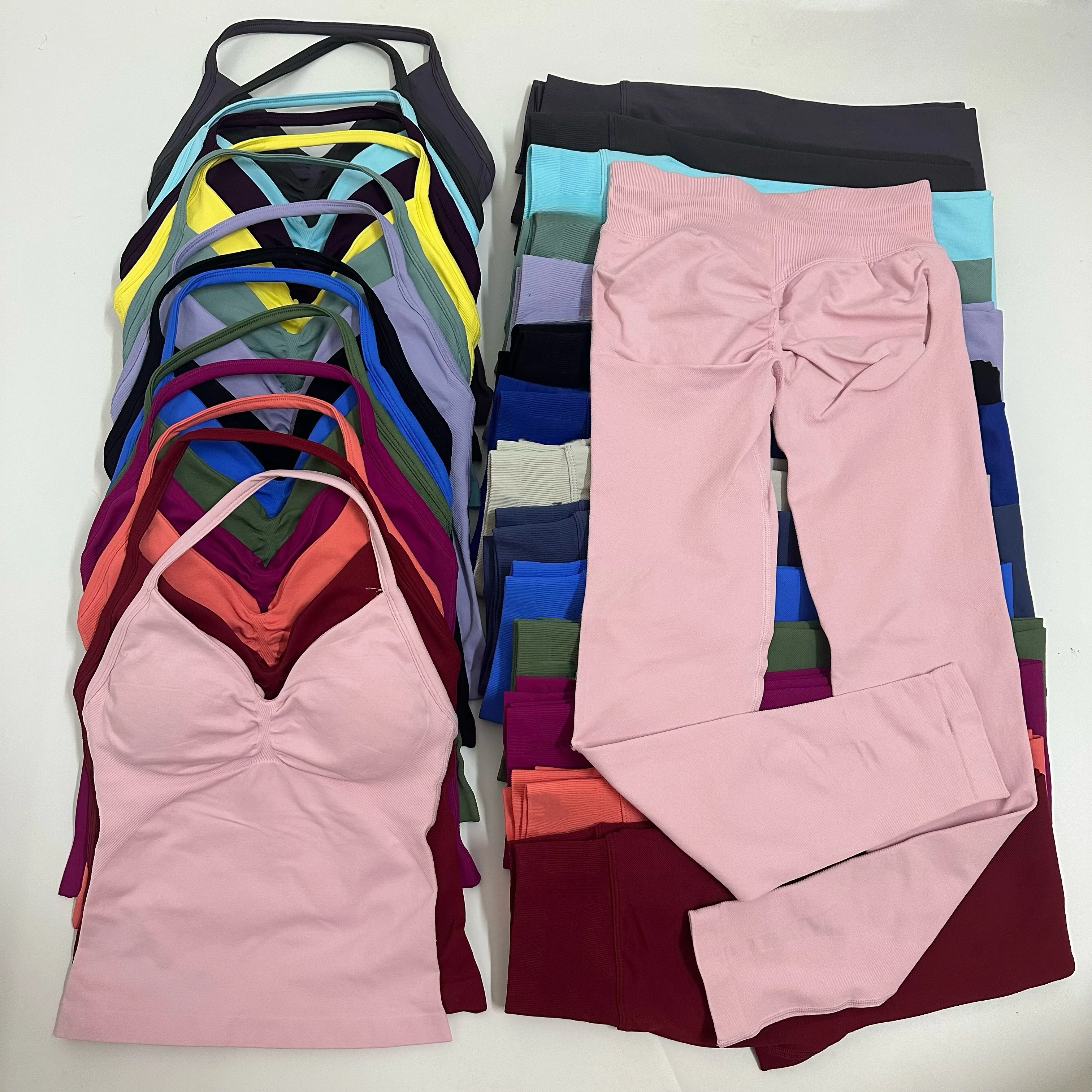 Set of 2 pieces of women's yoga mesh, sleeveless tops with open back, high-waisted gym suit, fitness clothing, yoga set