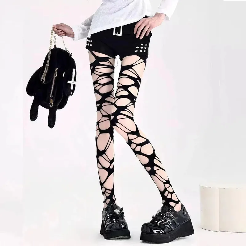 Sexy Black Ripped Fishnet Tights Women Gothic Punk Hollow Out Tight Mesh Pantyhose Stockings Leggings Emo Style Egirl Streetwear