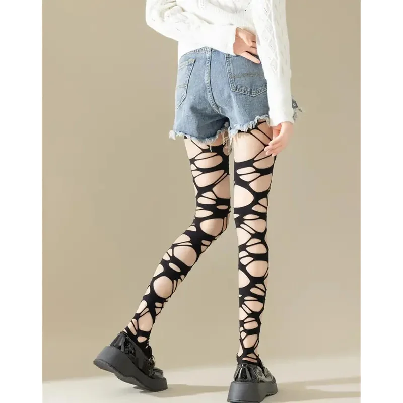 Sexy Black Ripped Fishnet Tights Women Gothic Punk Hollow Out Tight Mesh Pantyhose Stockings Leggings Emo Style Egirl Streetwear