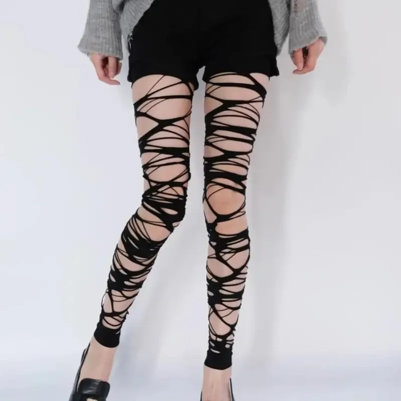 Sexy Black Ripped Fishnet Tights Women Gothic Punk Hollow Out Tight Mesh Pantyhose Stockings Leggings Emo Style Egirl Streetwear