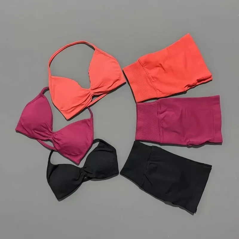 Sexy Halter Neck Beautiful Back High Waist Peach Sports Bras Shorts Suit Pilates Gathering Yoga Vest Training Fitness Bra Sets
