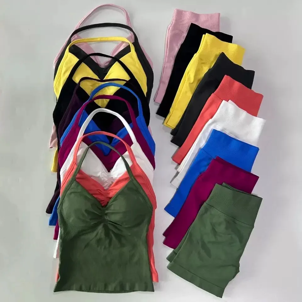 Sexy Halter Neck Beautiful Back High Waist Peach Sports Bras Shorts Suit Pilates Gathering Yoga Vest Training Fitness Bra Sets
