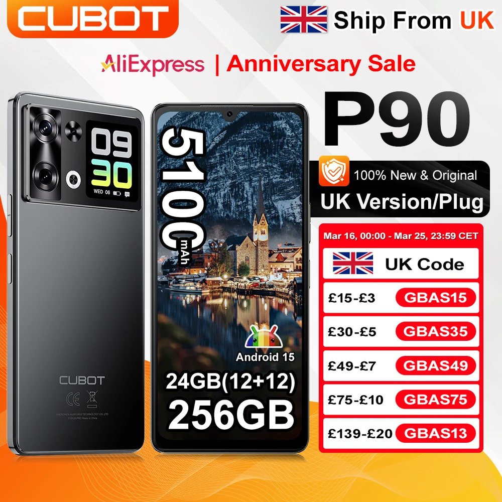 [Ship From UK] Cubot P90 Android 15 Smartphone 24GB(12+12) RAM 256GB ROM 6.88" 120Hz 64MP+16MP 5100mAh NFC Cellphones