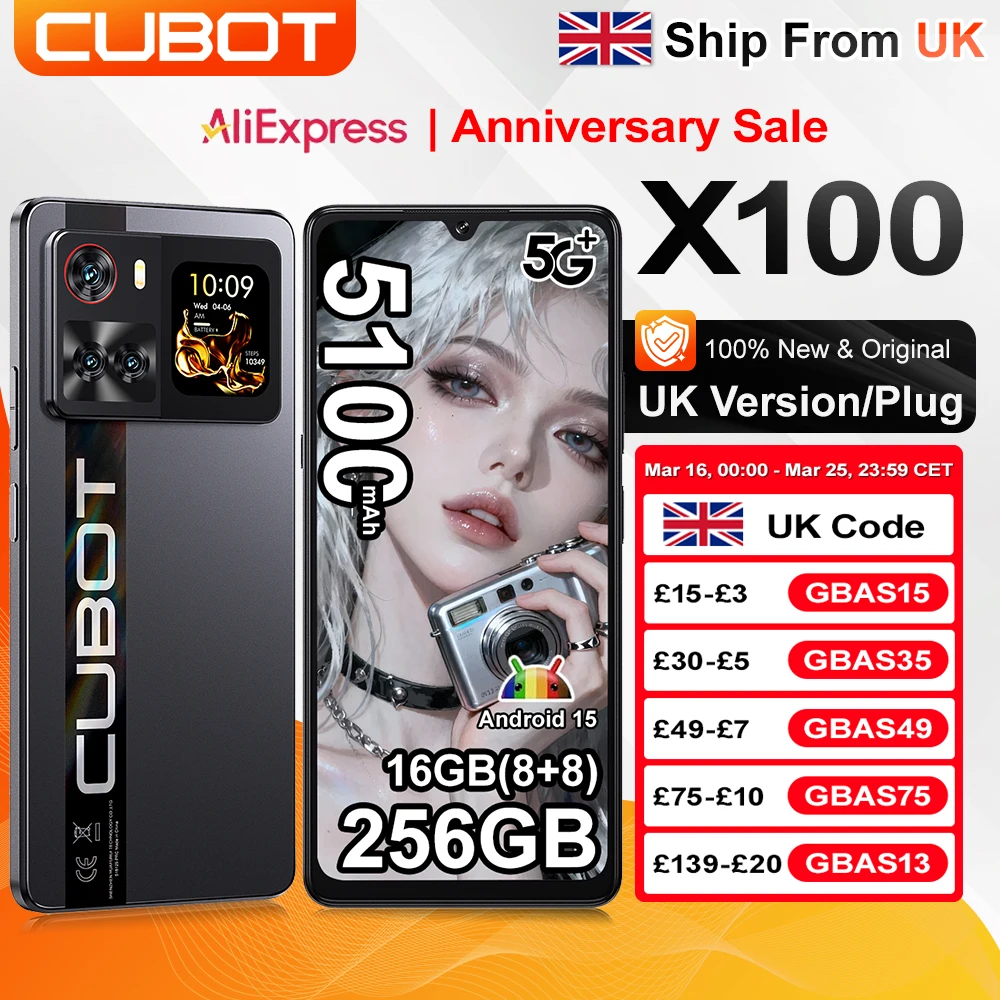 [Ship From UK] Cubot X100 Android 15 5G Smartphone 6.88" 120Hz 16GB(8+8) RAM 256GB ROM 64MP 5100mAh 33W NFC Mobile Phone