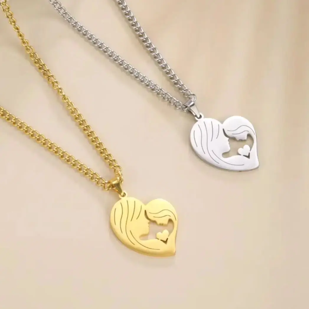Skyrim Fashion Mom Love Daughter Necklace for Women Stainless Steel Lovely Heart Pendant Choker Family Jewelry Mother's Day Gift