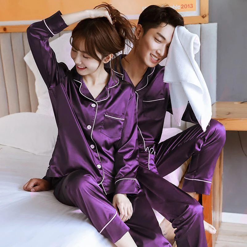 Sleepwear Couple Silk Satin Solid Color Pajama Sets Long Button-Down Pijama Plus Size Home Clothes Pyjamas Women Men Loungewear