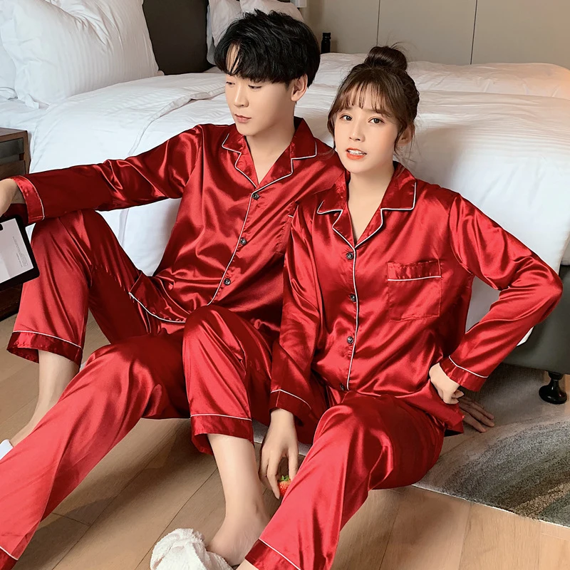 Sleepwear Couple Silk Satin Solid Color Pajama Sets Long Button-Down Pijama Plus Size Home Clothes Pyjamas Women Men Loungewear