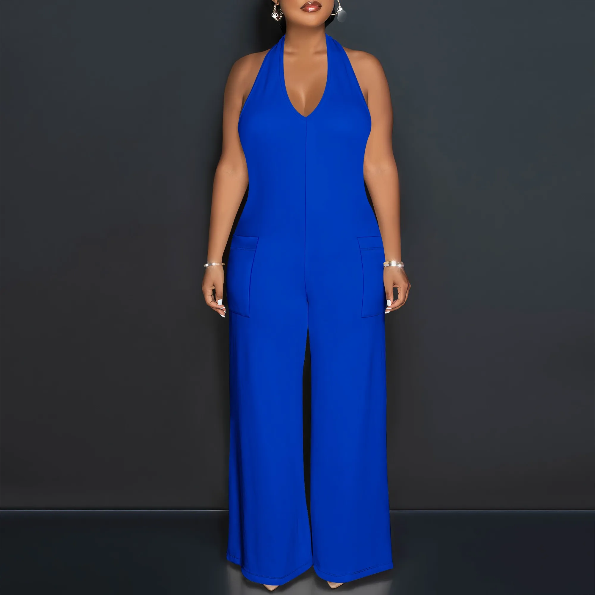 Solid Color Halter Jumpsuit - Tie Neck Wide Leg Palazzo Romper with Flowy Silhouette