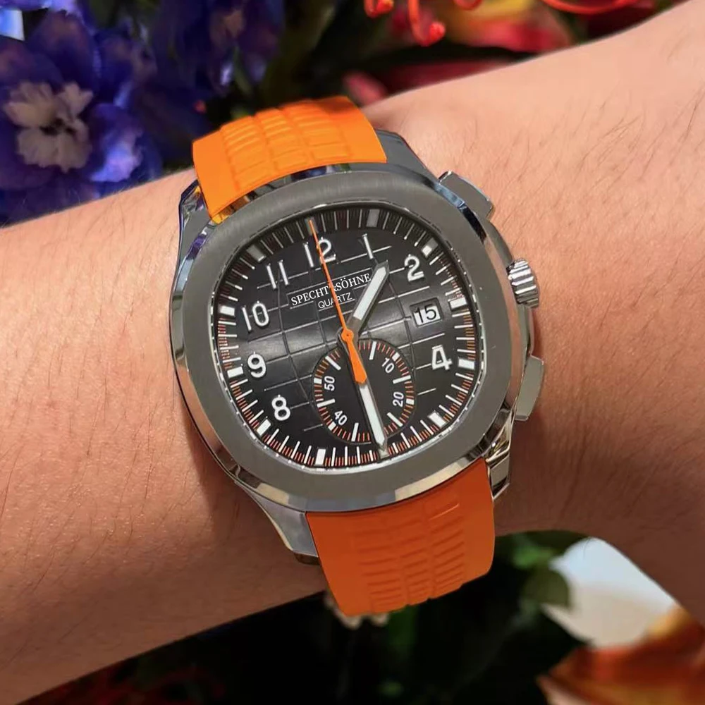 Specht & Söhne New Classic 5167 Men's Watch Orange Color Sapphire Crystal Rubber Srap Sports Male Quartz Watches 50M Waterproof