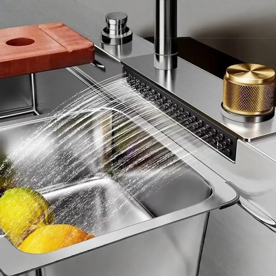 Stainless Steel Multi-Function Kitchen Sink Set Silver Handmade Waterfall Design with Smart Faucet Nano Surface Treatment